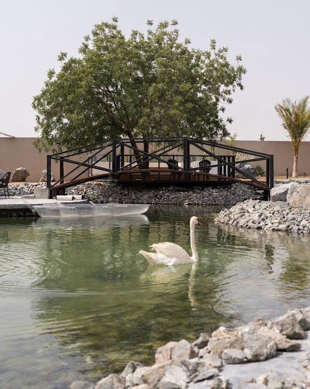 Garden pond with bridge feature
